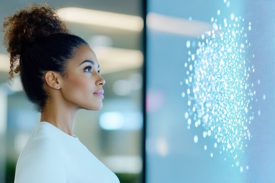 Curly-Haired Woman Engaging With Data Visualization