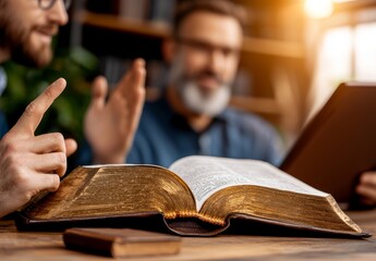 Two Men Studying an Open Golden Bible Together