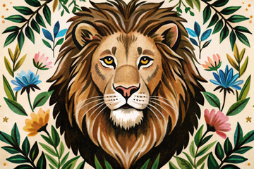 lion head portrait with floral background abstract cartoon illustration