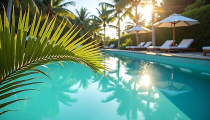Fototapeta premium Luxury resort swimming pool with palm trees and sun loungers