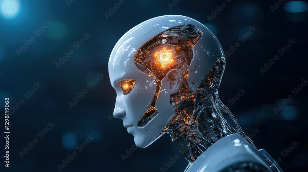 Poster robot profile view with glowing inner workings against a dark background