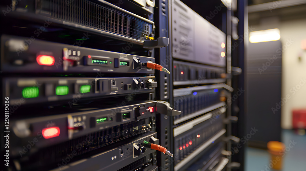 Poster data storage system management server rack environment photostock imagery technology overview close-