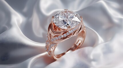 19. A luxurious rose gold ring with a large center diamond, displayed with a backdrop of soft white silk