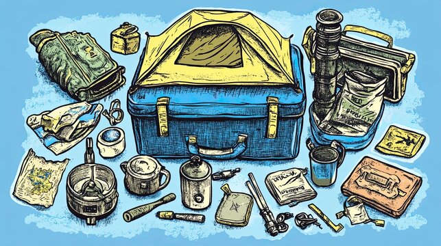 Camping gear scattered in vintage suitcase