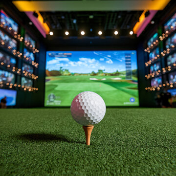 A close-up of a gleaming white golf ball on a wooden tee, with a vibrant screen and engaged spectators in a lively, warmly lit golf lounge.