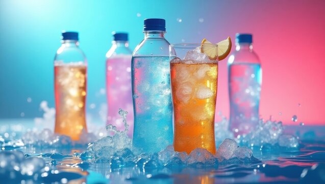 Electrolytes Water. Bottles are filled with different types of drinks and ice