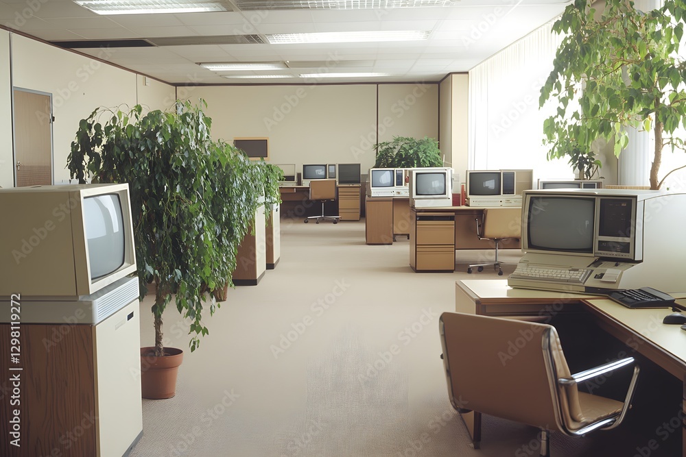 Poster empty retro office with vintage computers