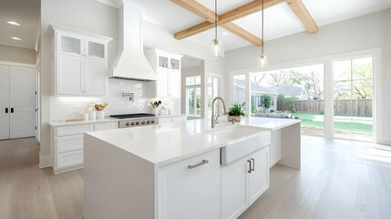 Modern kitchen, island, garden view, sunlight