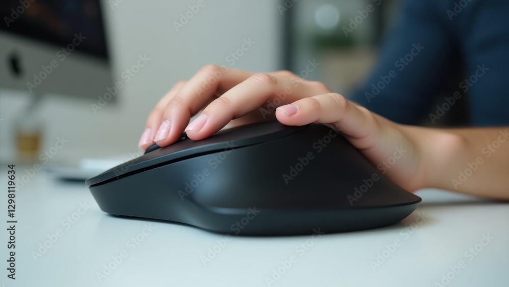 Aufkleber ergonomic mouse. woman is using computer mouse on desk