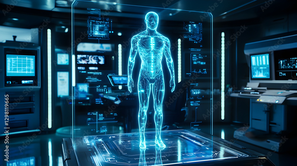 Poster innovative holographic system showcase futuristic laboratory full-body display high-tech environment