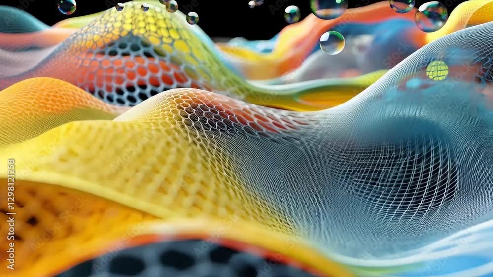 Aufkleber colorful abstract shapes and blobs move over a dynamic mesh landscape creating a stunning visual exp
