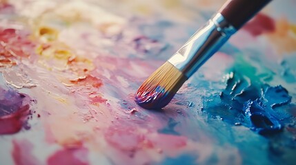 Fototapeta premium A Close-Up of a Paintbrush Dipped in Vibrant Watercolors: A Splash of Creative Expression