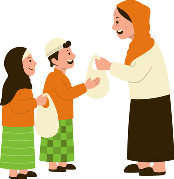 Muslim child character giving charity aid to old female in holy month of Ramadhan