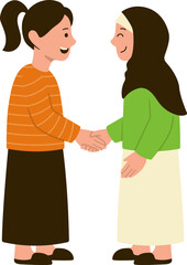 Smiling muslim female characters shake hands gesture to forgive each other on Eid al-Fitr