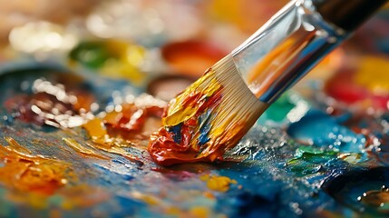 Fototapeta premium A Close-Up of a Paintbrush Dipped in Vibrant Watercolors: A Splash of Creative Expression