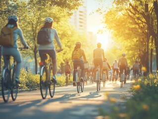 People riding bicycles in a city to promote eco-friendly transportation