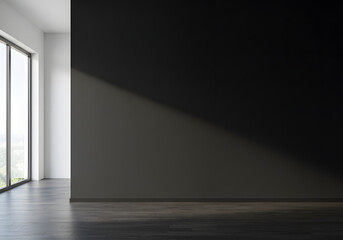 Empty black office wall Mockup. Blank modern dark interior softly lighted by a large window.