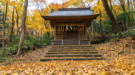 Fototapeta premium Autumn Serenity: A Japanese Shrine nestled in Golden Leaves