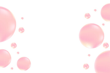 Cute pink, yellow glowing bubbles floating isolated, transparent background. Nude color geometric circles of various sizes scattered around. Fun, playful cosmetic decoration design element.