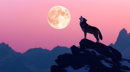 Howling Wolf Silhouette Against a Mystical Full Moon over Rugged Mountain Peaks