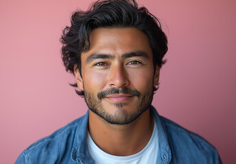 Obraz premium Ultra-Realistic Portrait of a Handsome Man in Blue Shirt – Studio Photography with Pink Background, High Detail, Professional Lighting, Perfect for Branding and Marketing Designs