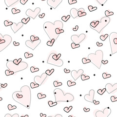 Hand drawn hearts seamless pattern. Continuous line drawing of a heart, black and white vector minimalist love concept illustration.