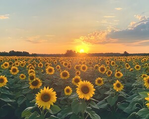 Fototapeta premium Golden Hour Sky Over Endless Field of Bright Sunflowers in Bloom