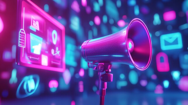 Digital Marketing Announcement Neon Megaphone Social Media Promotion Technology Internet Business Communication Advertising       