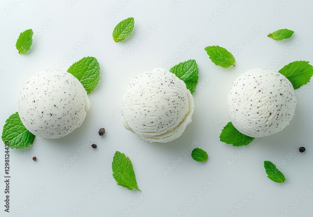 Aufkleber three scoops of vanilla ice cream topped with fresh mint leaves and cocoa nibs on a light background