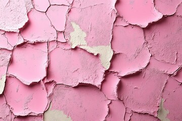 Close-up of peeling pink paint revealing textured layers on a wall with subtle color variations