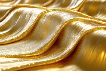 Close-up of shimmering golden fabric waves with intricate textures and reflections, creating an...