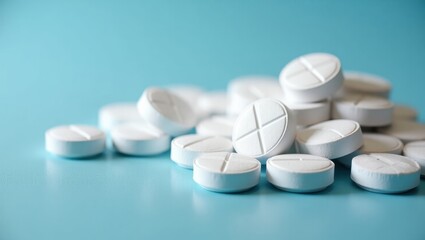 Magnesium Citrate. White round pills with scored lines, close-up macro shot, medical health concept for pharmacy, medicine background with soft blue surface, clean sterile environment, wellness treat