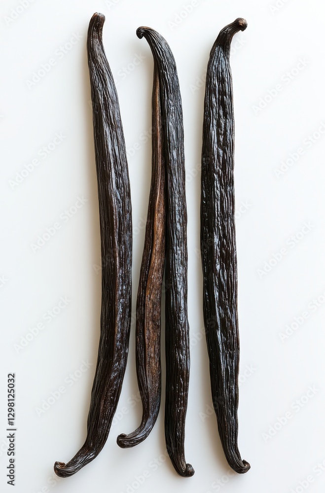 Poster three whole vanilla beans displayed on a white background showcasing their unique texture and shape 