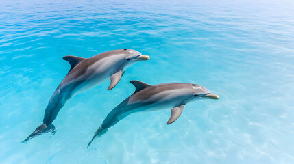 Fototapeta premium Dolphins leaping, turquoise ocean, sunny day, travel brochure