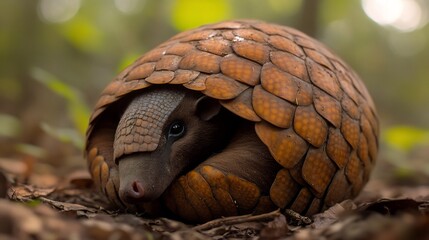 Detailed close up of an Armadillo curled up in a defensive ball its armored plates reflecting ambient forest light with a blurred forest floor in the background