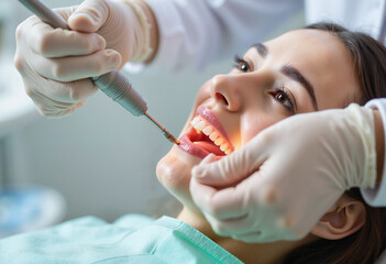 Professional dentist carefully placing composite filling in patient's molar