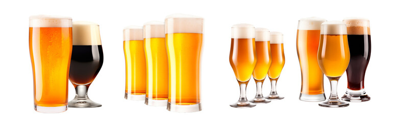 Collection of beer glasses and bottles in various styles isolated on white transparent background. Mugs with drink like Ipa, Pale Ale, Pilsner, Porter or Stout