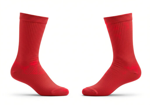 Blank red cotton long socks on invisible feet isolated on white background as mock up for advertising, branding, design, back and side view, template.