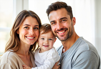 Fototapeta premium Young parents with smiling baby looking at the camera