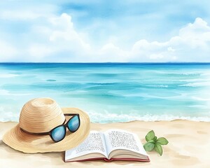 watercolor summer reading by beach Relaxing beach scene with sunglasses, hat, and an open book on sandy shore.