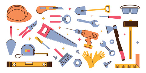 A set of tools and protective equipment for repair and construction on a white background. Vector illustration.