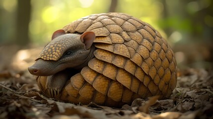 Detailed close up of an Armadillo curled up in a defensive ball its armored plates reflecting ambient forest light with a blurred forest floor in the background