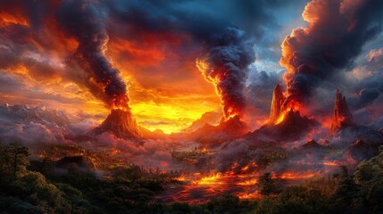 Fiery volcanic eruption landscape; dramatic sunset, dark smoke, lava flows, fiery mountains, and lush green forests.  Perfect for fantasy, sci-fi, or apocalyptic themes.