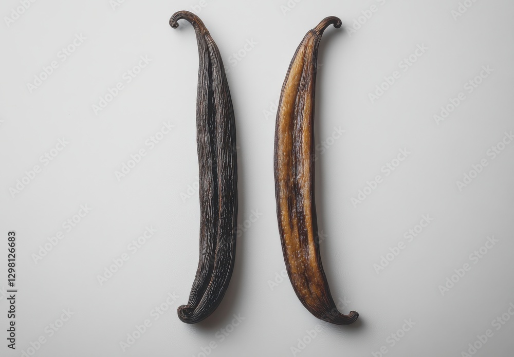 Poster two distinct vanilla pods displayed on a light background highlighting the rich texture and variatio