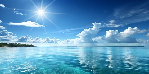 Tropical beach paradise with turquoise water and sunny sky.