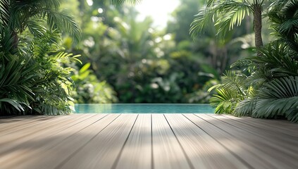 Serene Poolside Deck with Lush Tropical Foliage