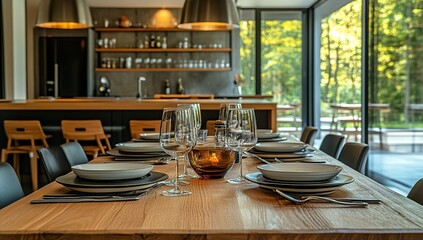 Fototapeta premium Modern Dining Table Setting with Wooden Table and Glassware