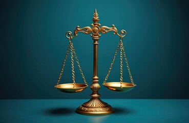 Golden balance scale on blue background symbolize justice, equality, compensation. Court decisions, weight measurement, authority. Symbol of law, libra, judgement, judicial system, honest verdict,