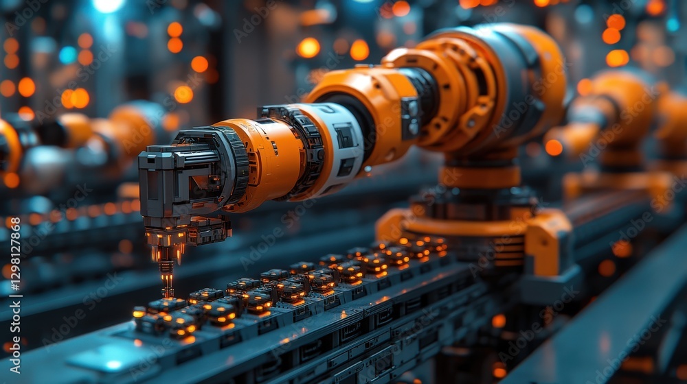 Poster close-up of a futuristic robotic arm assembling components on a production line, showcasing advanced
