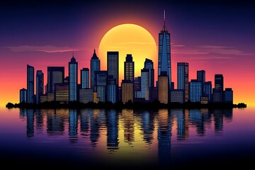 Fototapeta premium Manhattan sunset cityscape reflection
